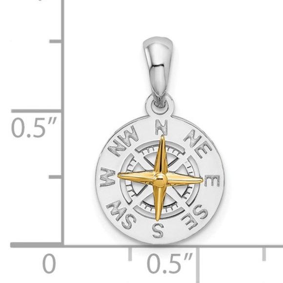 925 Sterling Silver Polished MINI Compass with 14k Gold Needle Necklace Pendant - Picture 2 of 6